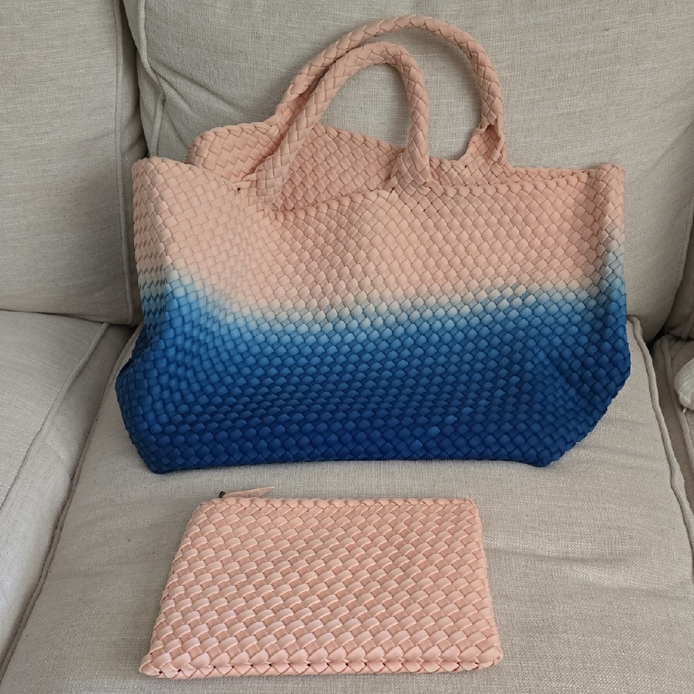 Naghedi St. Barth's Bermuda Ombre Pink and Blue Woven Tote Bag With Pouch.